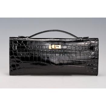 Hermes Kelly Longue Clutch Crocodile Leather Black  608165