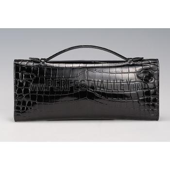 Hermes Kelly Longue Clutch Crocodile Leather Black  608165