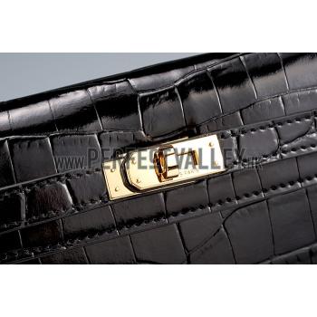 Hermes Kelly Longue Clutch Crocodile Leather Black  608165