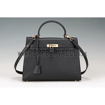 Hermes Kelly 32 Black Ostrich Leather 607478