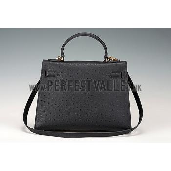 Hermes Kelly 32 Black Ostrich Leather 607478