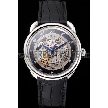 Replica Swiss Hermes Arceau Skeleton Black Dial Blue Hands Stainless Steel Case Black Leather Strap