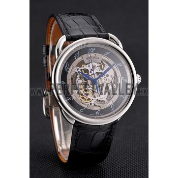 Replica Swiss Hermes Arceau Skeleton Black Dial Blue Hands Stainless Steel Case Black Leather Strap