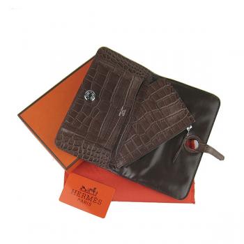 Hermes Wallet H001 Unisex Crocodile Coffee