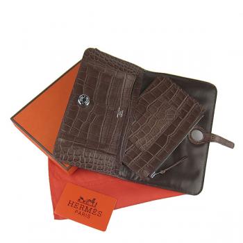 Hermes Wallet H001 Unisex Crocodile Coffee