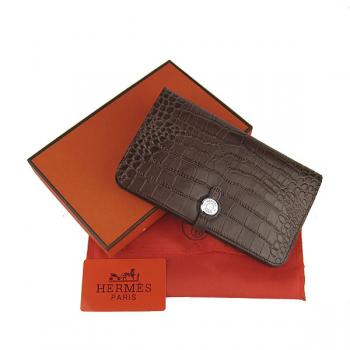 Hermes Wallet H001 Unisex Crocodile Coffee