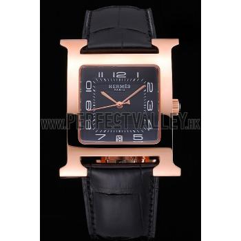 Hermes Heure H Black Dial Gold Case Black Leather Strap