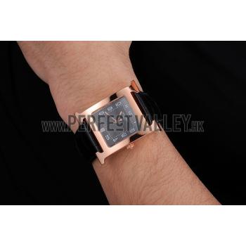 Hermes Heure H Black Dial Gold Case Black Leather Strap