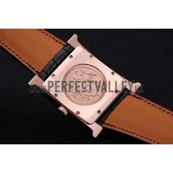 Hermes Heure H Black Dial Gold Case Black Leather Strap