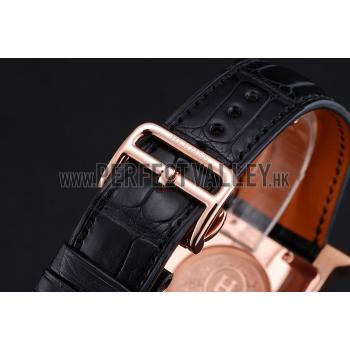 Hermes Heure H Black Dial Gold Case Black Leather Strap