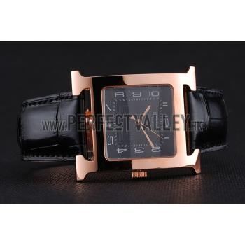 Hermes Heure H Black Dial Gold Case Black Leather Strap