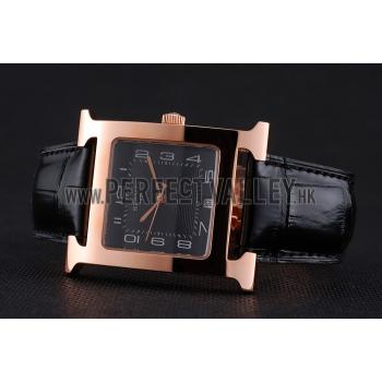 Hermes Heure H Black Dial Gold Case Black Leather Strap