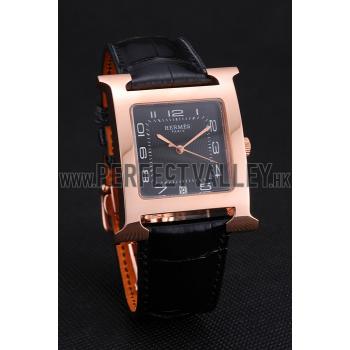 Hermes Heure H Black Dial Gold Case Black Leather Strap