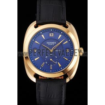 Hermes Dressage Blue Dial Gold Case Black Leather Strap