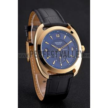 Hermes Dressage Blue Dial Gold Case Black Leather Strap