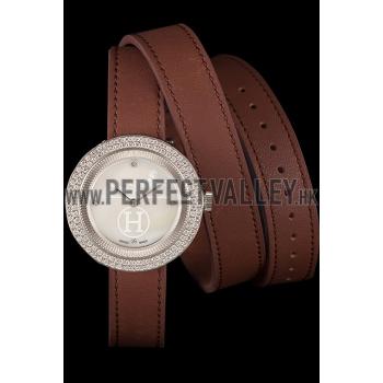 Replica Hermes  MOP Dial Brown Elongated Leather Bracelet 801393