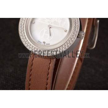 Replica Hermes  MOP Dial Brown Elongated Leather Bracelet 801393