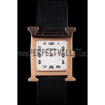 Replica Hermes Heure H Rose Gold Bezel Black Leather Strap White Dial 80235