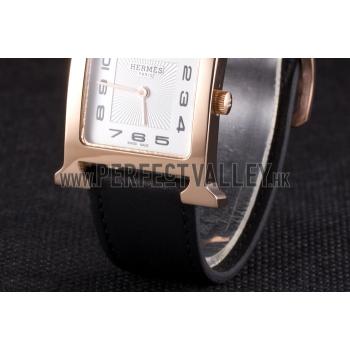 Replica Hermes Heure H Rose Gold Bezel Black Leather Strap White Dial 80235