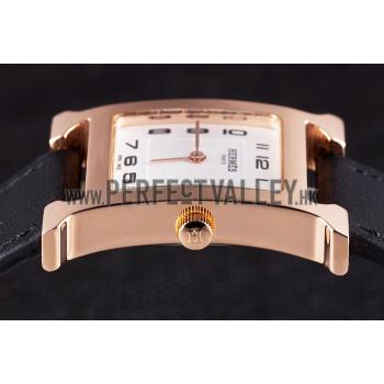 Replica Hermes Heure H Rose Gold Bezel Black Leather Strap White Dial 80235