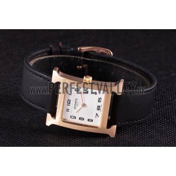 Replica Hermes Heure H Rose Gold Bezel Black Leather Strap White Dial 80235