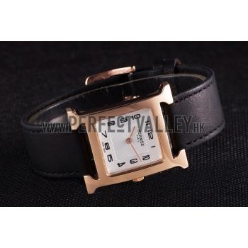 Replica Hermes Heure H Rose Gold Bezel Black Leather Strap White Dial 80235