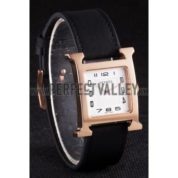 Replica Hermes Heure H Rose Gold Bezel Black Leather Strap White Dial 80235