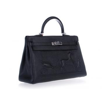 Hermes Kelly 1024 Handbag Cow Leather Black