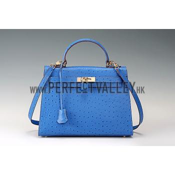 Hermes Kelly 32 Blue Ostrich Leather 607479