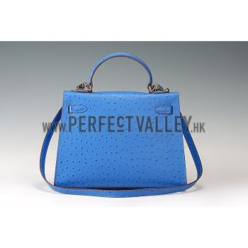 Hermes Kelly 32 Blue Ostrich Leather 607479