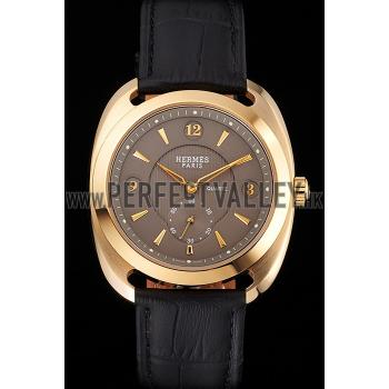 Hermes Dressage Gray Dial Gold Case Black Leather Strap