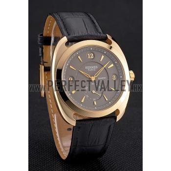 Hermes Dressage Gray Dial Gold Case Black Leather Strap