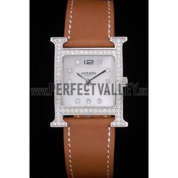 Hermes Heure H Stainless Steel Diamond Encrusted Bezel Tan Leather Strap White Dial 80232