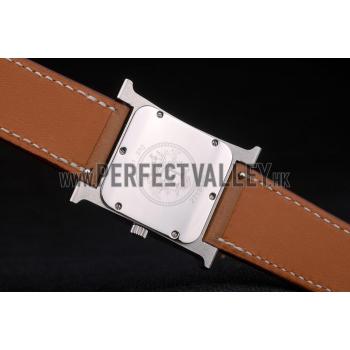 Hermes Heure H Stainless Steel Diamond Encrusted Bezel Tan Leather Strap White Dial 80232