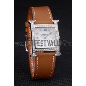 Hermes Heure H Stainless Steel Diamond Encrusted Bezel Tan Leather Strap White Dial 80232