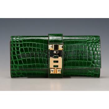 Replica Hermes Medor Crocodile Leather Green Clutch 18926680