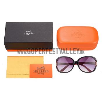 Hermes Oversized Round Frame Black Sunglasses with Metal Carriage Detail 308106