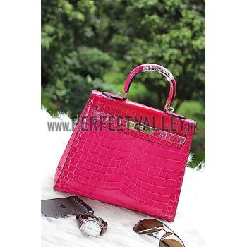 Hermes Kelly 28 Crocodile Leather Rose Tyrien 608148