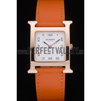 Hermes Heure H Rose Gold Bezel Orange Leather Strap White Dial 80234