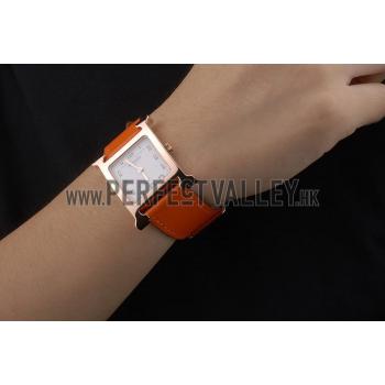 Hermes Heure H Rose Gold Bezel Orange Leather Strap White Dial 80234