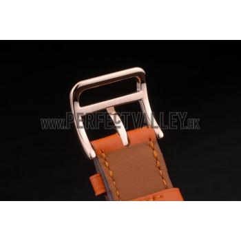 Hermes Heure H Rose Gold Bezel Orange Leather Strap White Dial 80234