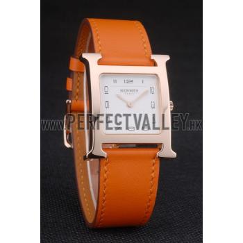 Hermes Heure H Rose Gold Bezel Orange Leather Strap White Dial 80234