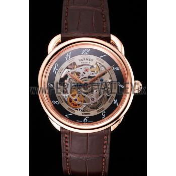 Cheap Swiss Hermes Arceau Skeleton Black Dial Brown Hands Rose Gold Case Brown Leather Strap