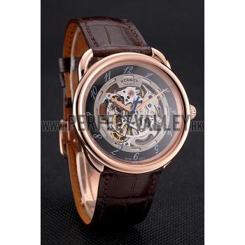 Cheap Swiss Hermes Arceau Skeleton Black Dial Brown Hands Rose Gold Case Brown Leather Strap