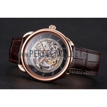 Cheap Swiss Hermes Arceau Skeleton Black Dial Brown Hands Rose Gold Case Brown Leather Strap