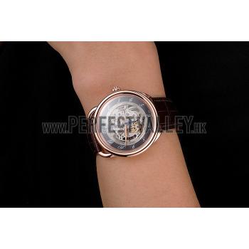 Cheap Swiss Hermes Arceau Skeleton Black Dial Brown Hands Rose Gold Case Brown Leather Strap