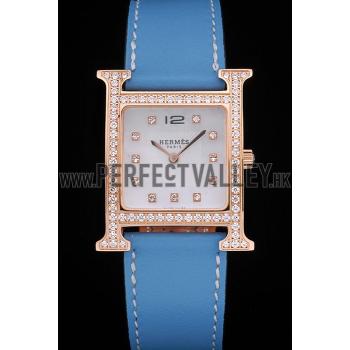 Hermes Heure H Rose Gold Diamond Encrusted Bezel Blue Leather Strap White Dial 80238