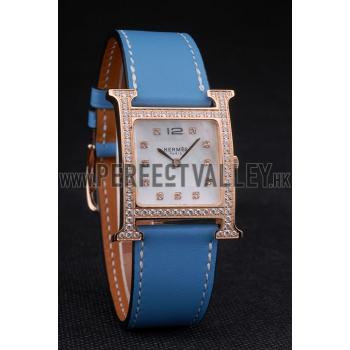 Hermes Heure H Rose Gold Diamond Encrusted Bezel Blue Leather Strap White Dial 80238