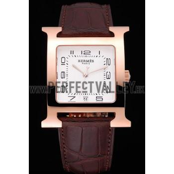 Hermes Heure H White Dial Gold Case Brown Leather Strap