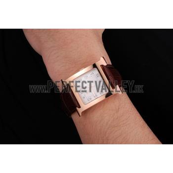 Hermes Heure H White Dial Gold Case Brown Leather Strap